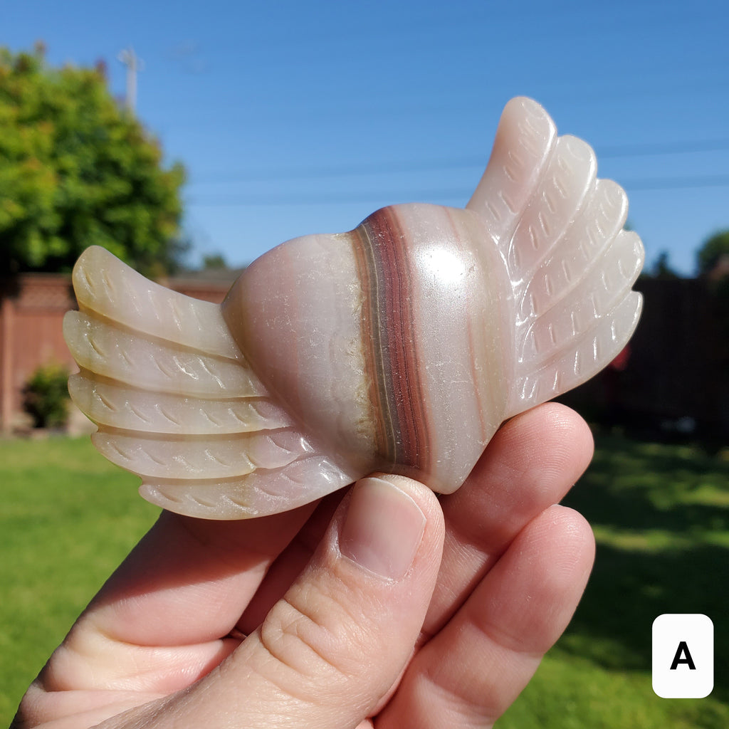 Pink Banded Calcite Heart with Wings - Emotional Healing, Pure Love, Happiness, Soothing - Crystal Heart Stone Healing Crystals Gemstones