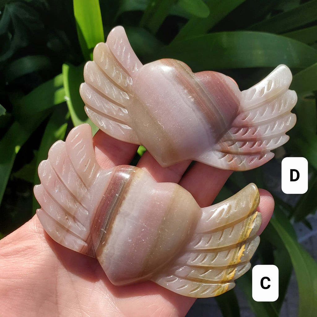 Pink Banded Calcite Heart with Wings - Emotional Healing, Pure Love, Happiness, Soothing - Crystal Heart Stone Healing Crystals Gemstones