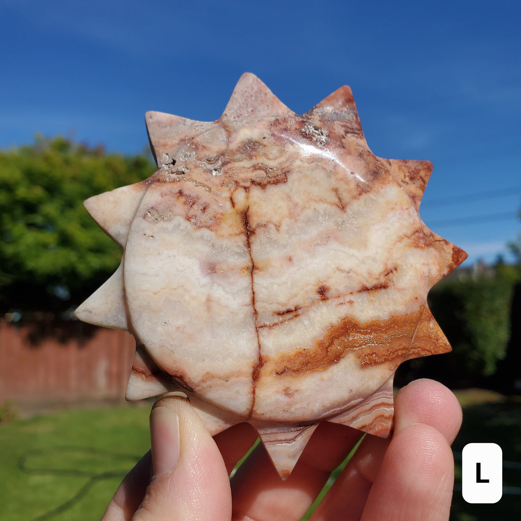 Pink Lace Agate Sun - Balance of the Physical, Mental, Emotional - Pink Agate Crystal Sun Carving Healing Gemstone