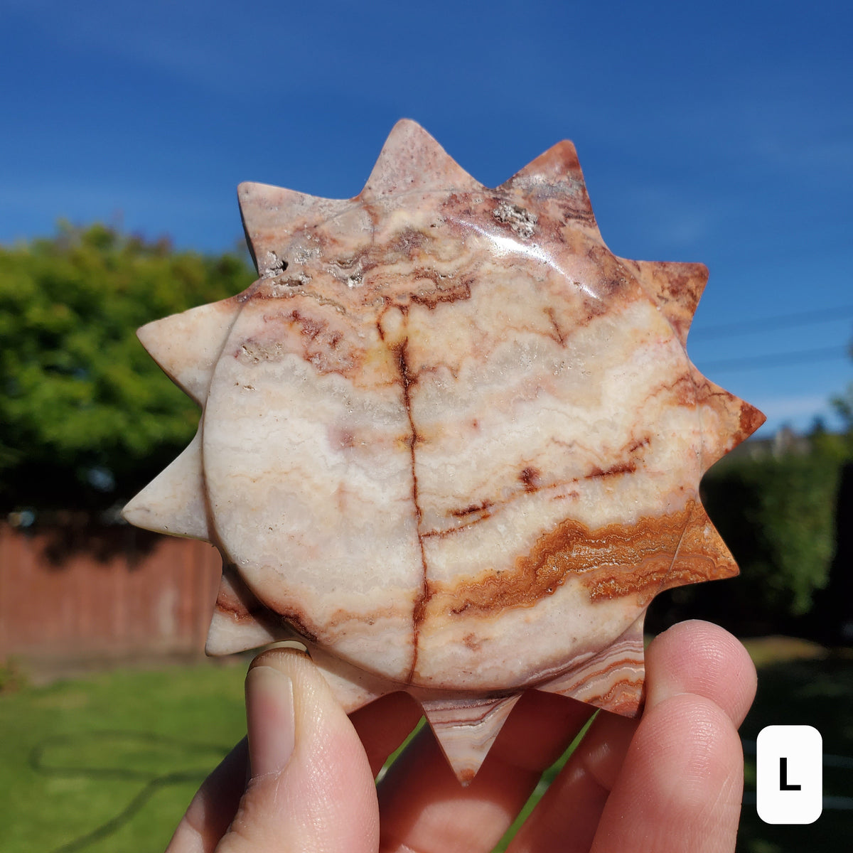 Pink Lace Agate Sun - Balance of the Physical, Mental, Emotional - Pink Agate Crystal Sun Carving Healing Gemstone