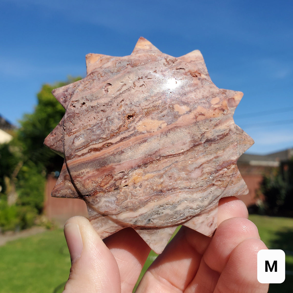 Pink Lace Agate Sun - Balance of the Physical, Mental, Emotional - Pink Agate Crystal Sun Carving Healing Gemstone