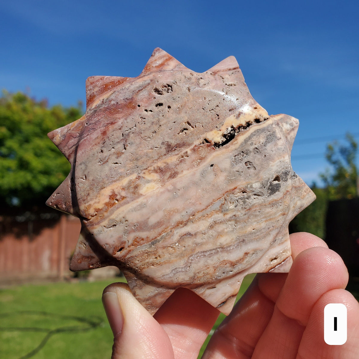 Pink Lace Agate Sun - Balance of the Physical, Mental, Emotional - Pink Agate Crystal Sun Carving Healing Gemstone