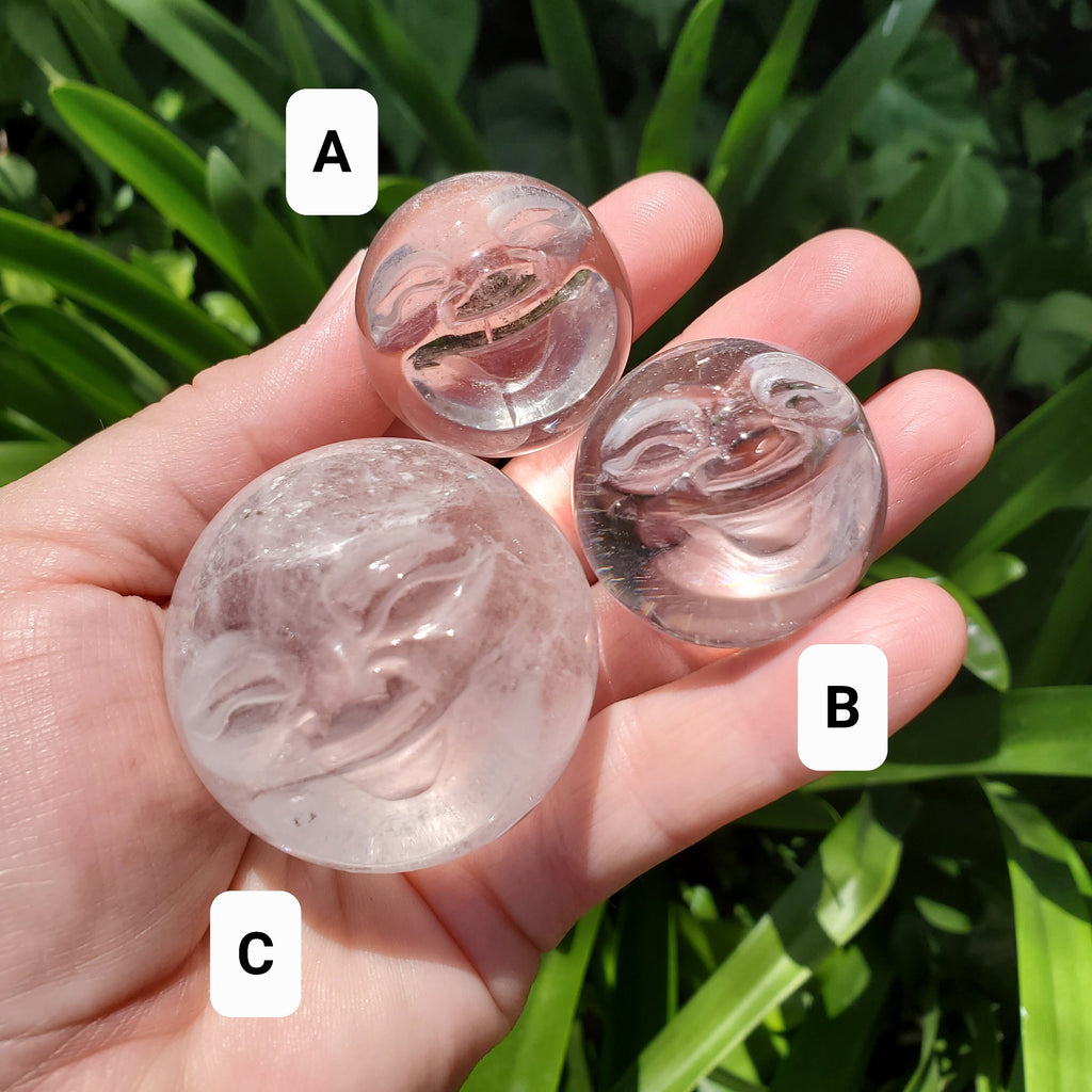 Moon Face Quartz Sphere - Counteracts the Negative, Energizes Positive Energy, Cleanses Your Aura - Clear Quartz Crystal Ball Healing Stone
