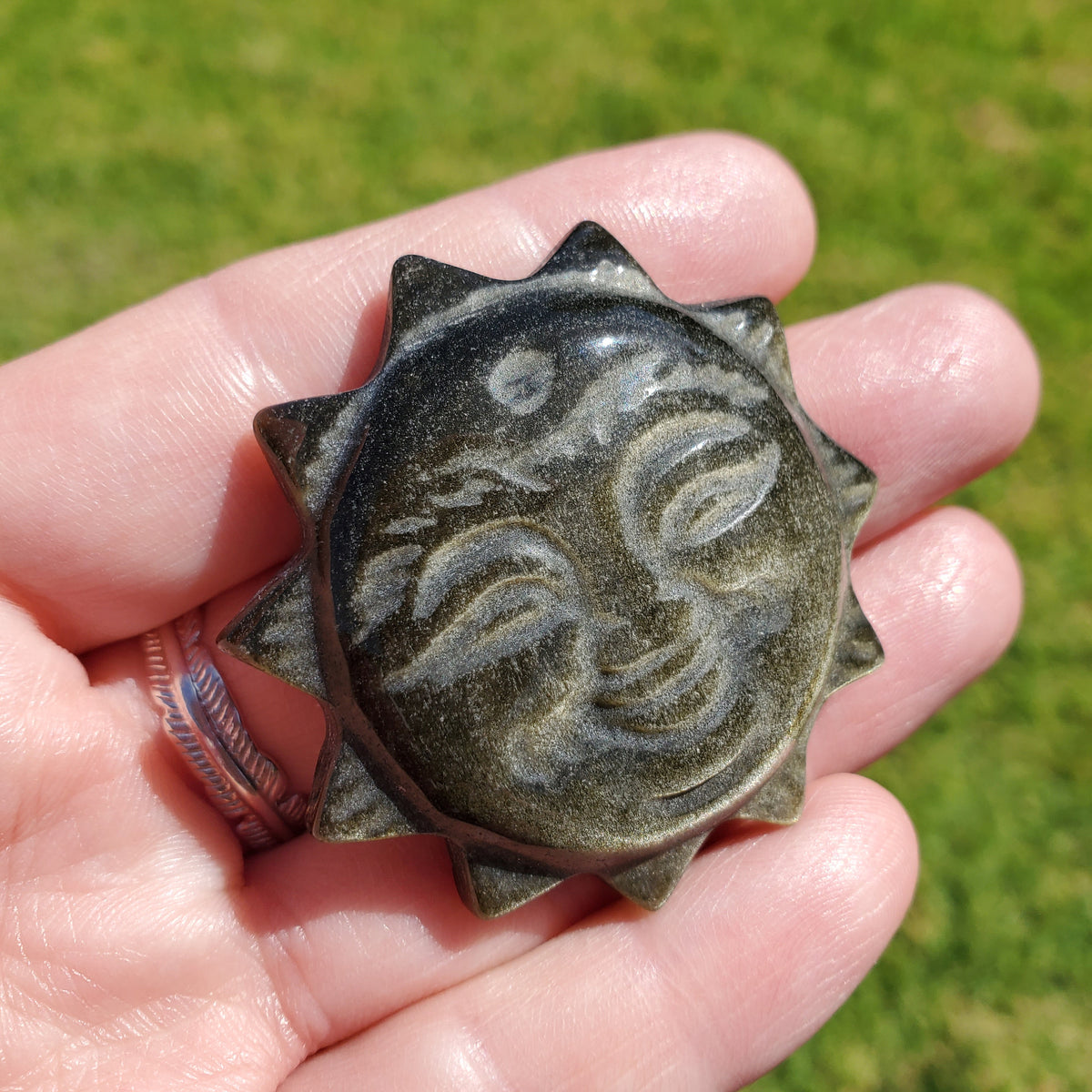 Small Gold Sheen Obsidian Sun - Self Reflection, Release Negative Energies - 1.95" Obsidian Black Sun Carving Healing Gemstones