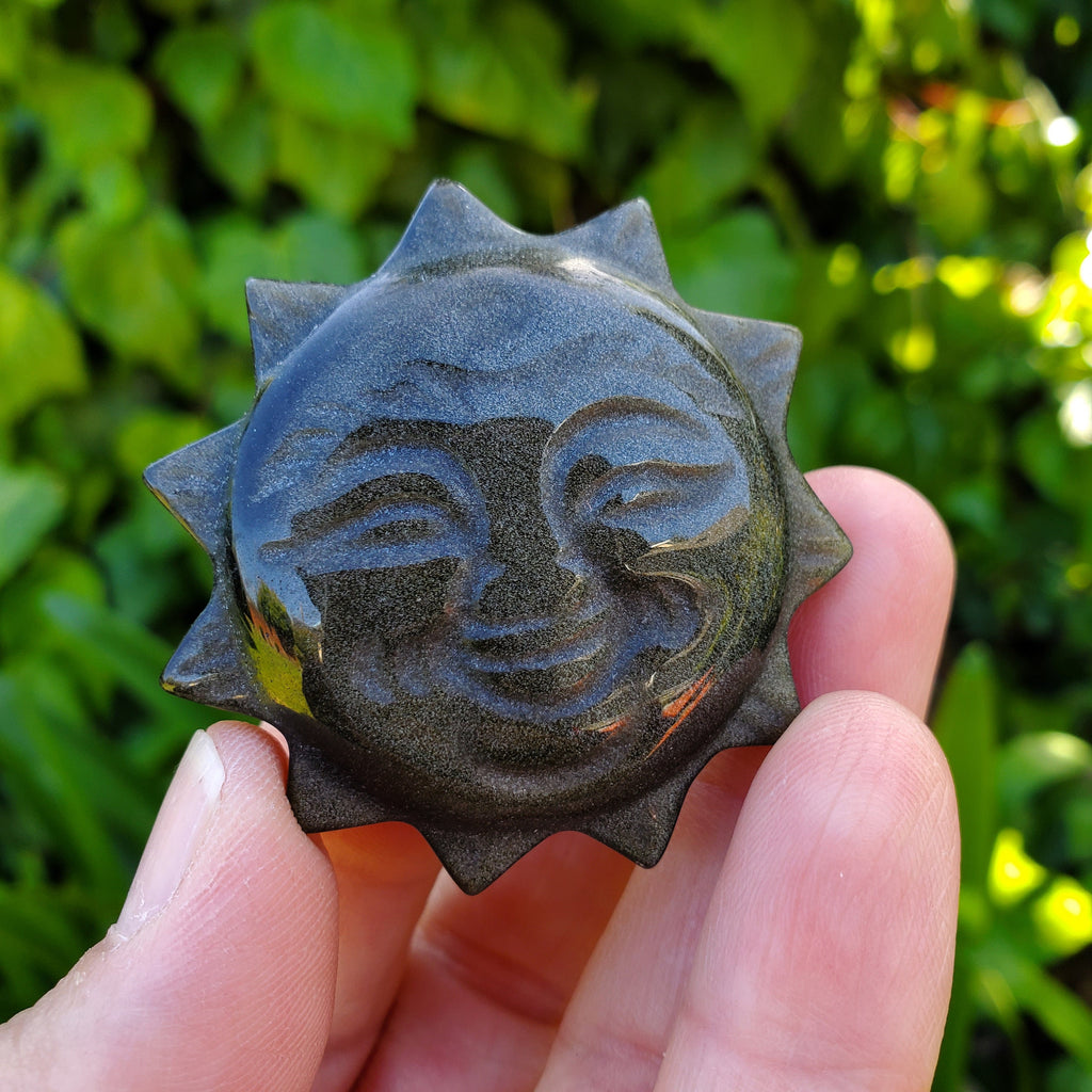 Small Gold Sheen Obsidian Sun - Self Reflection, Release Negative Energies - 1.95" Obsidian Black Sun Carving Healing Gemstones