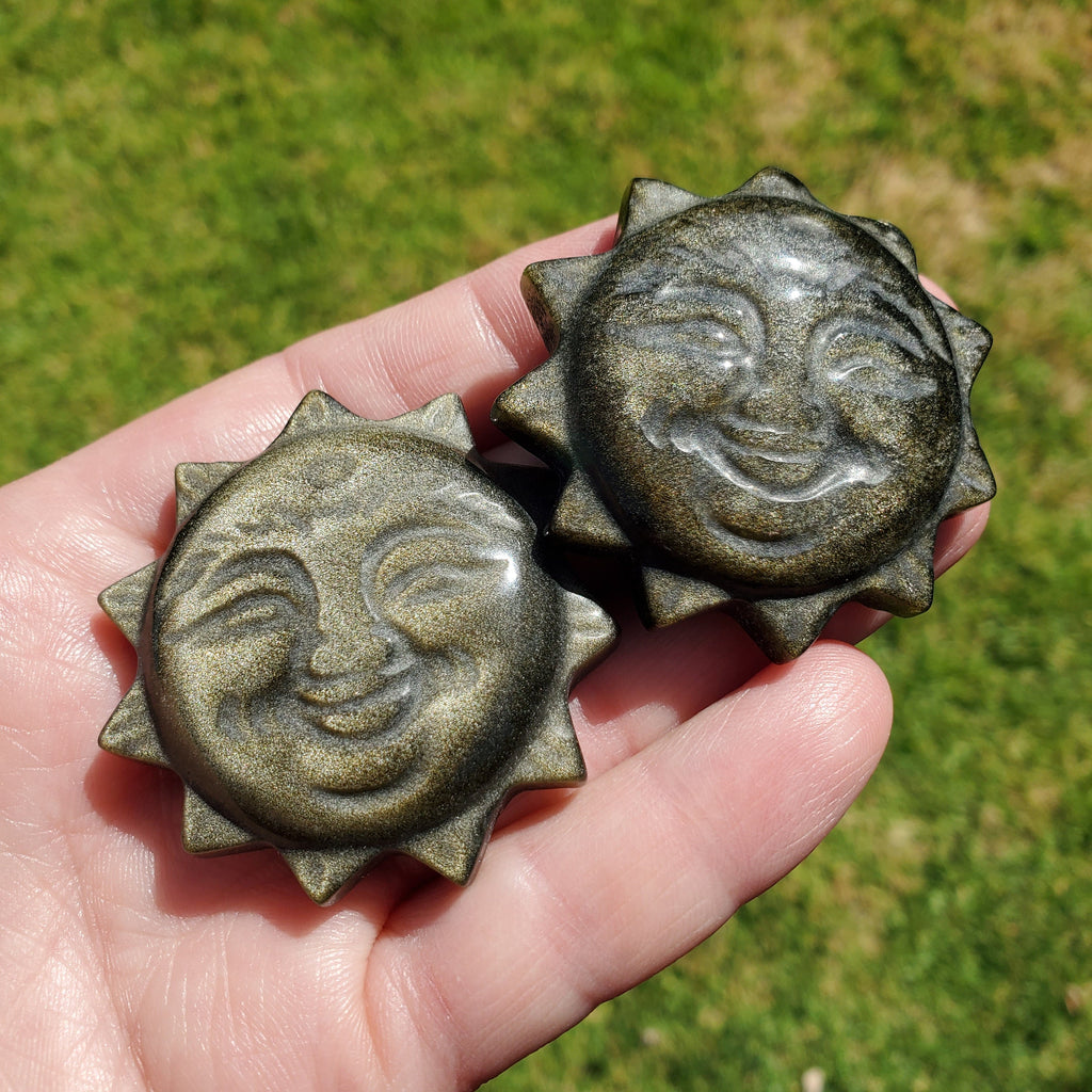 Small Gold Sheen Obsidian Sun - Self Reflection, Release Negative Energies - 1.95" Obsidian Black Sun Carving Healing Gemstones