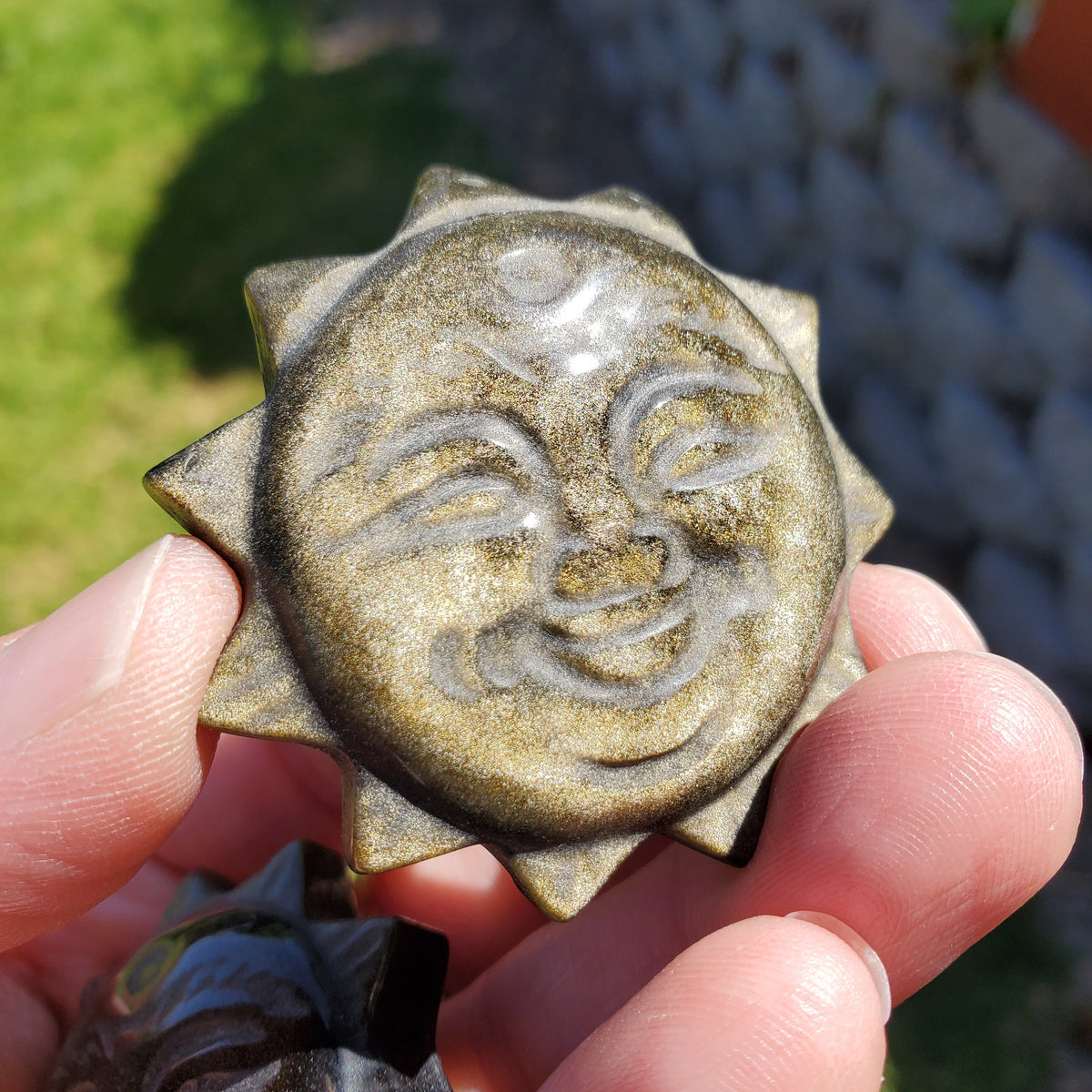 Small Gold Sheen Obsidian Sun - Self Reflection, Release Negative Energies - 1.95" Obsidian Black Sun Carving Healing Gemstones