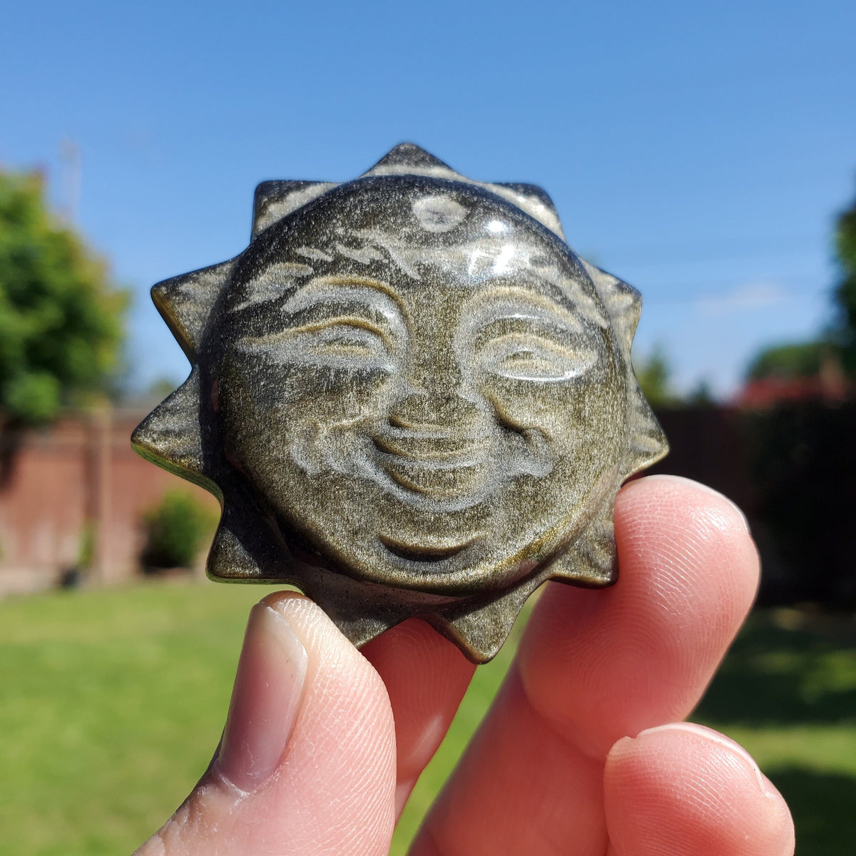 Small Gold Sheen Obsidian Sun - Self Reflection, Release Negative Energies - 1.95" Obsidian Black Sun Carving Healing Gemstones