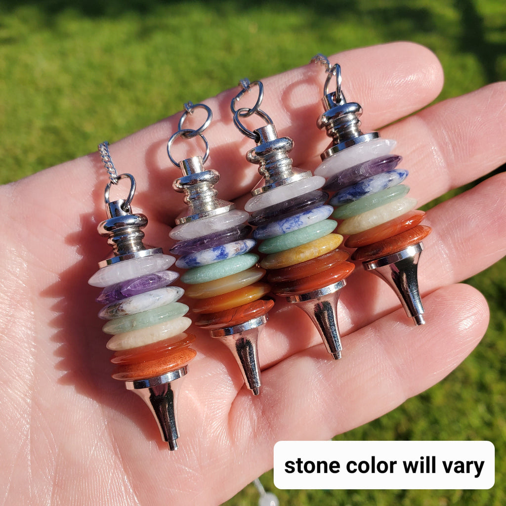 Chakra Pendulum - Grounding, Manifestation, Self Reflection, Prosperity, Wisdom, Strength, Awareness - Rainbow Gemstones