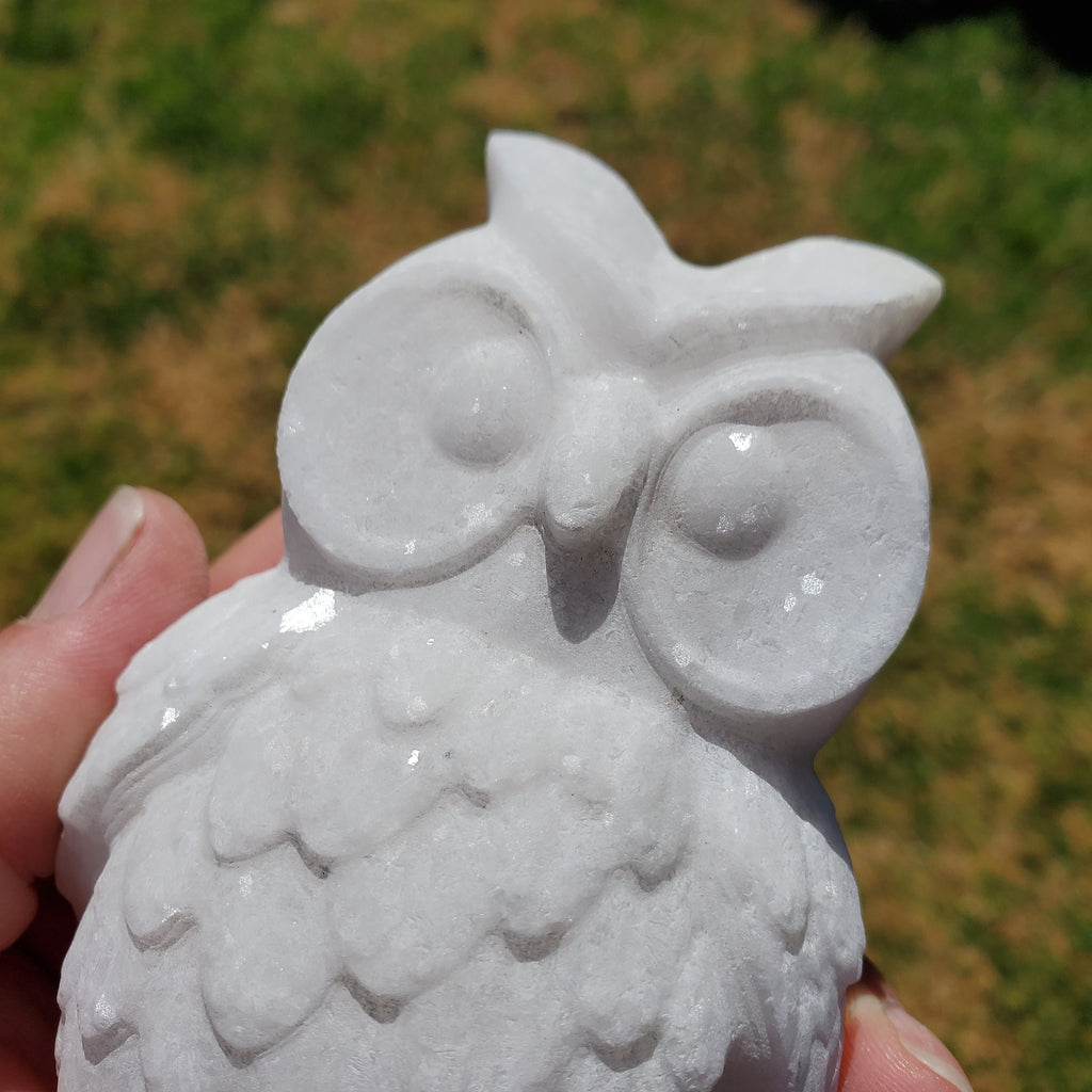 Chunky White Jade Owl - Brings in Joy, Peace, Calm & Love Energy - Flashy White Owl Stone Carving Healing Gemstones