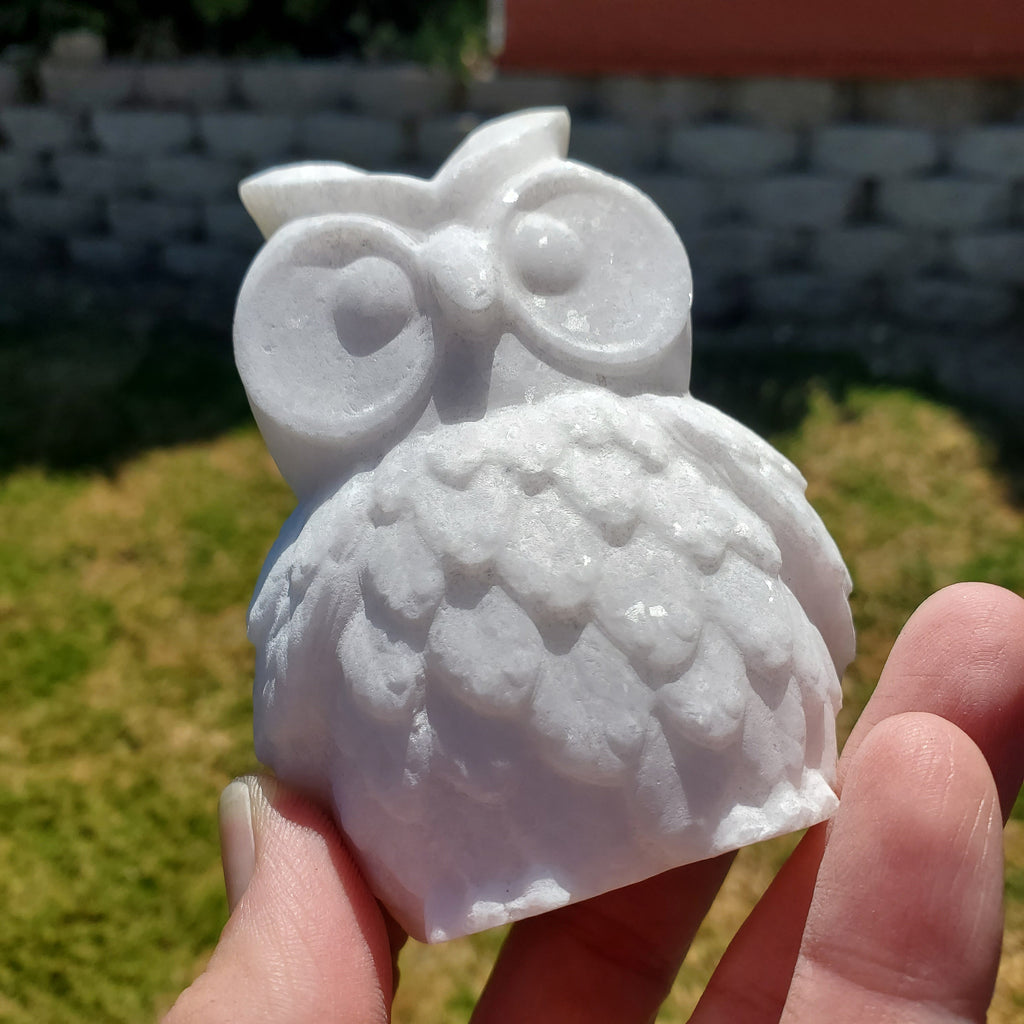 Chunky White Jade Owl - Brings in Joy, Peace, Calm & Love Energy - Flashy White Owl Stone Carving Healing Gemstones