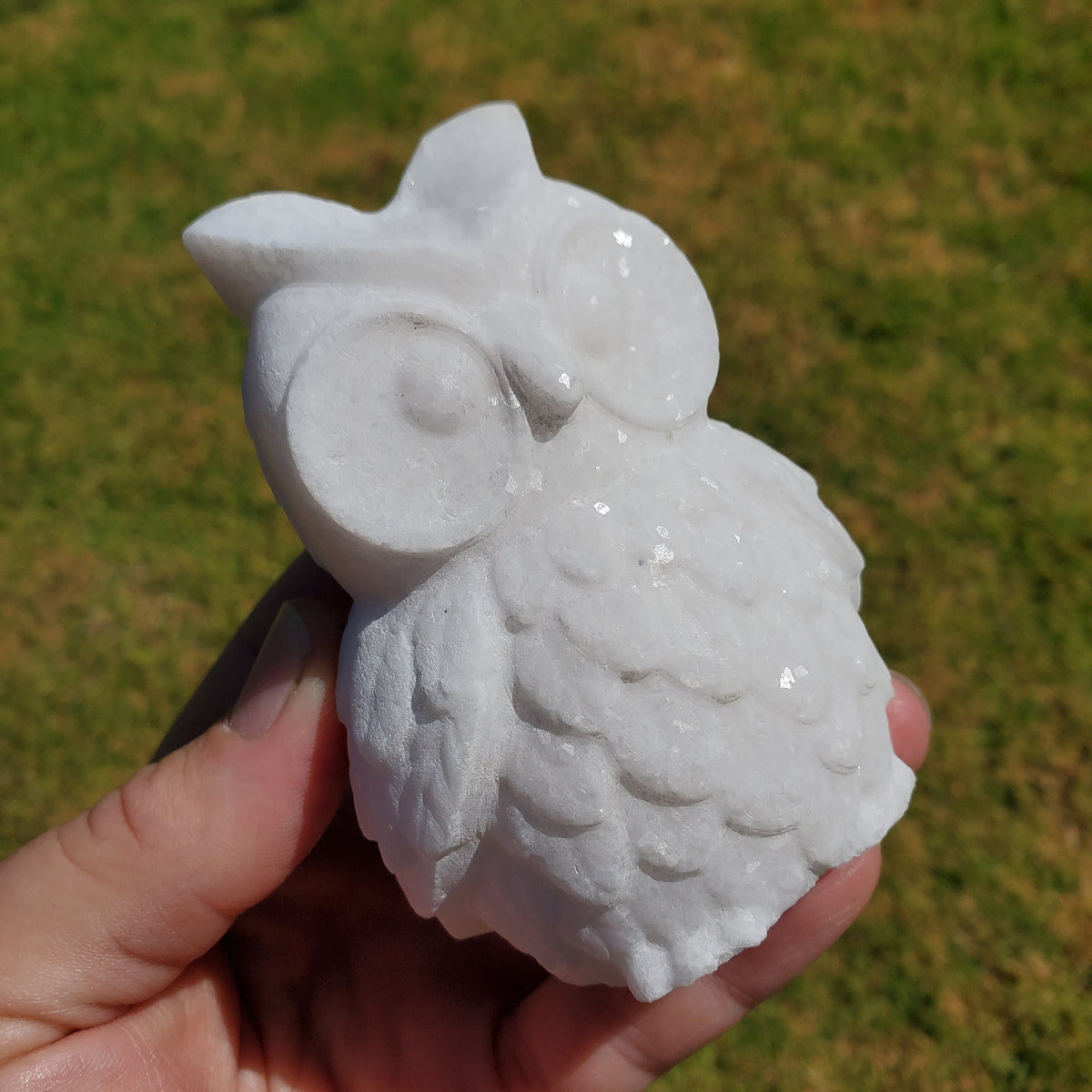Chunky White Jade Owl - Brings in Joy, Peace, Calm & Love Energy - Flashy White Owl Stone Carving Healing Gemstones