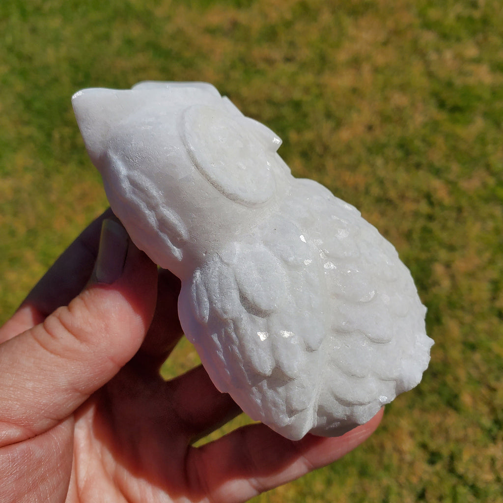 Chunky White Jade Owl - Brings in Joy, Peace, Calm & Love Energy - Flashy White Owl Stone Carving Healing Gemstones