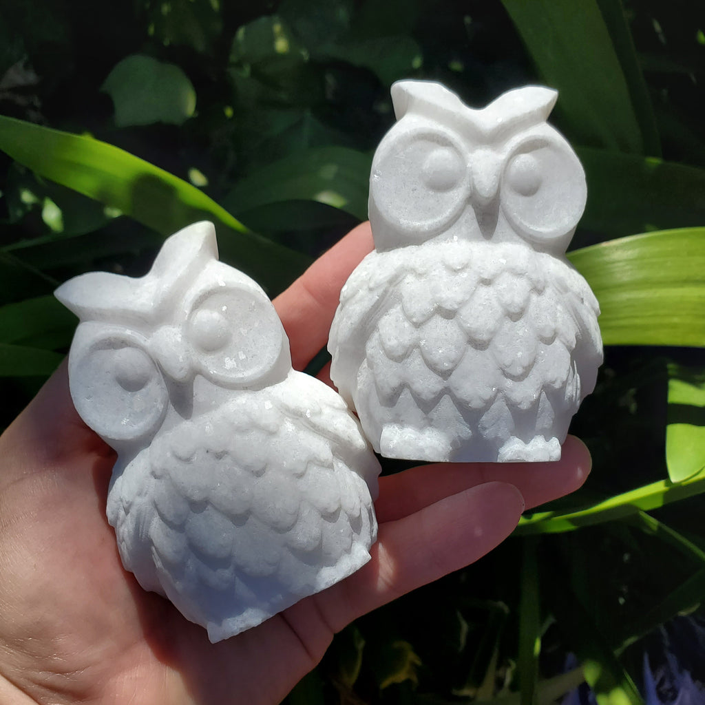 Chunky White Jade Owl - Brings in Joy, Peace, Calm & Love Energy - Flashy White Owl Stone Carving Healing Gemstones