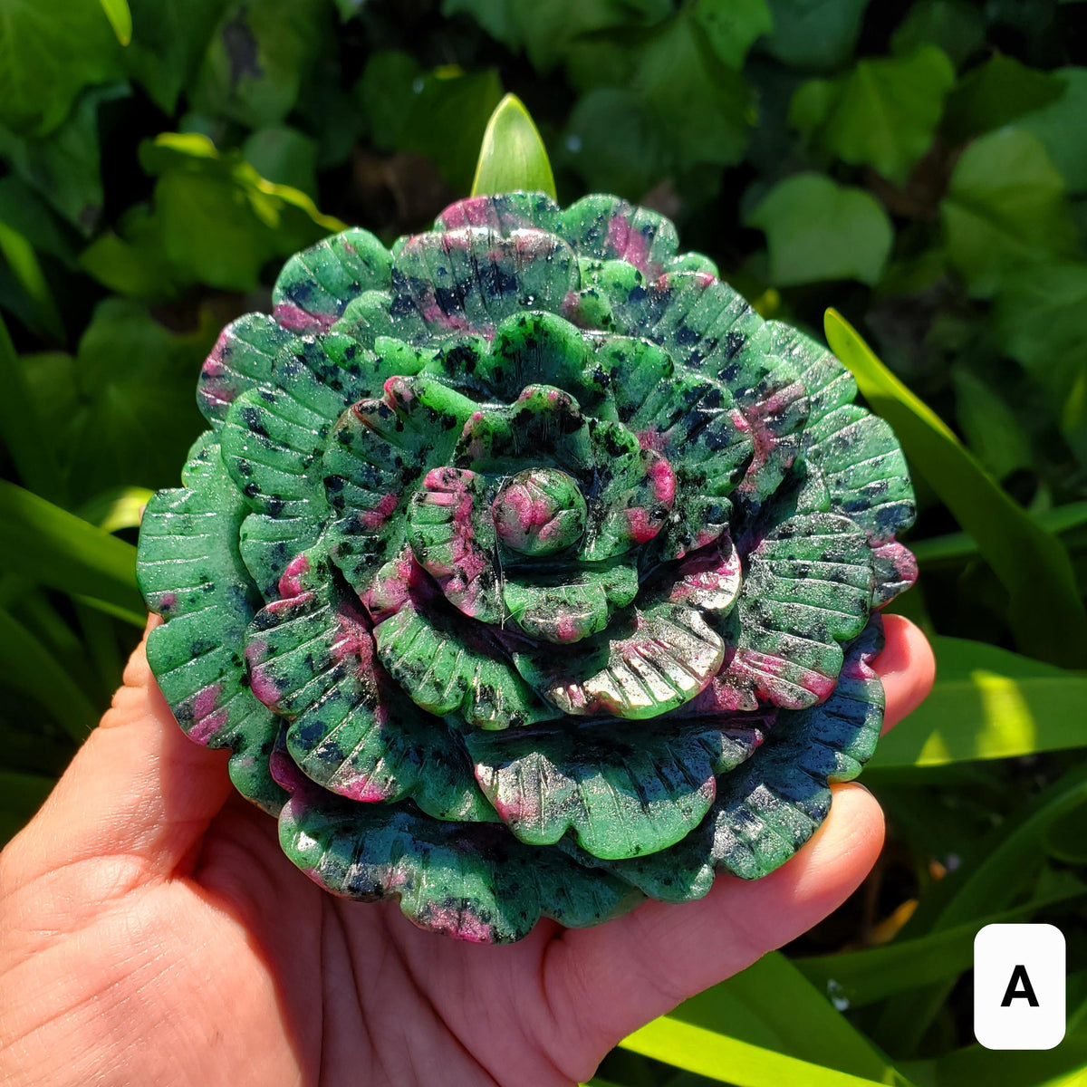 Big Ruby Zoisite Flower with UV reactive Ruby - Courage, Strength, Connects Our Hearts and Brain - Ruby Rose Carving Healing Gemstones