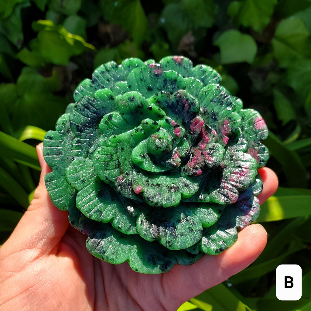 Big Ruby Zoisite Flower with UV reactive Ruby - Courage, Strength, Connects Our Hearts and Brain - Ruby Rose Carving Healing Gemstones