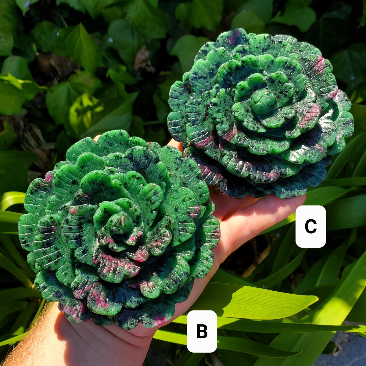 Big Ruby Zoisite Flower with UV reactive Ruby - Courage, Strength, Connects Our Hearts and Brain - Ruby Rose Carving Healing Gemstones