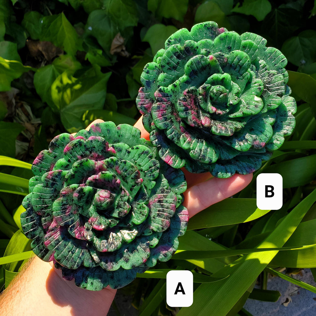Big Ruby Zoisite Flower with UV reactive Ruby - Courage, Strength, Connects Our Hearts and Brain - Ruby Rose Carving Healing Gemstones