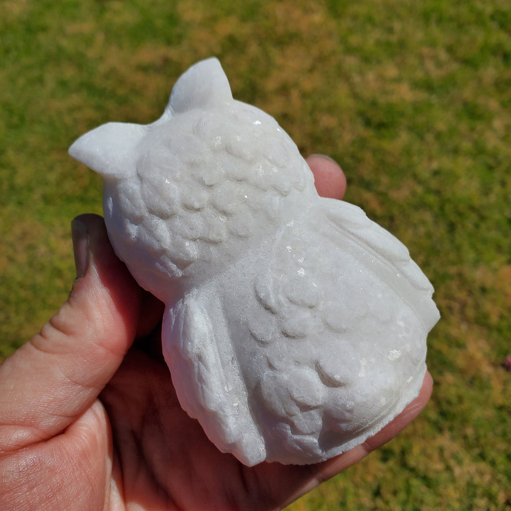 Chunky White Jade Owl - Brings in Joy, Peace, Calm & Love Energy - Flashy White Owl Stone Carving Healing Gemstones