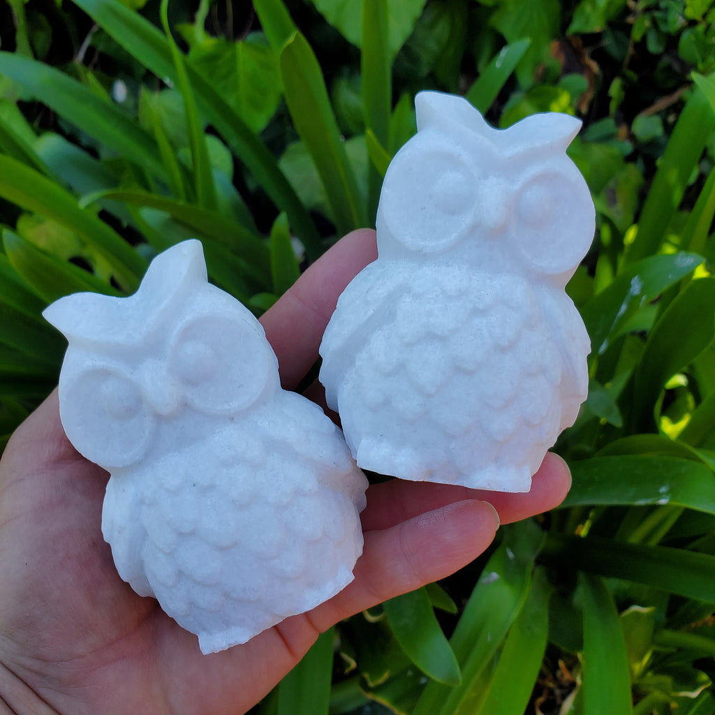 Chunky White Jade Owl - Brings in Joy, Peace, Calm & Love Energy - Flashy White Owl Stone Carving Healing Gemstones