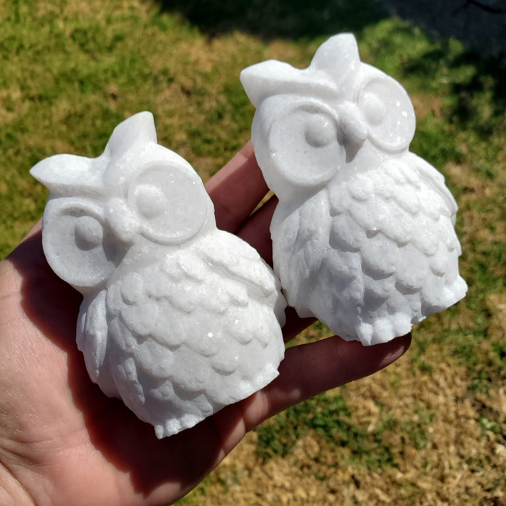 Chunky White Jade Owl - Brings in Joy, Peace, Calm & Love Energy - Flashy White Owl Stone Carving Healing Gemstones