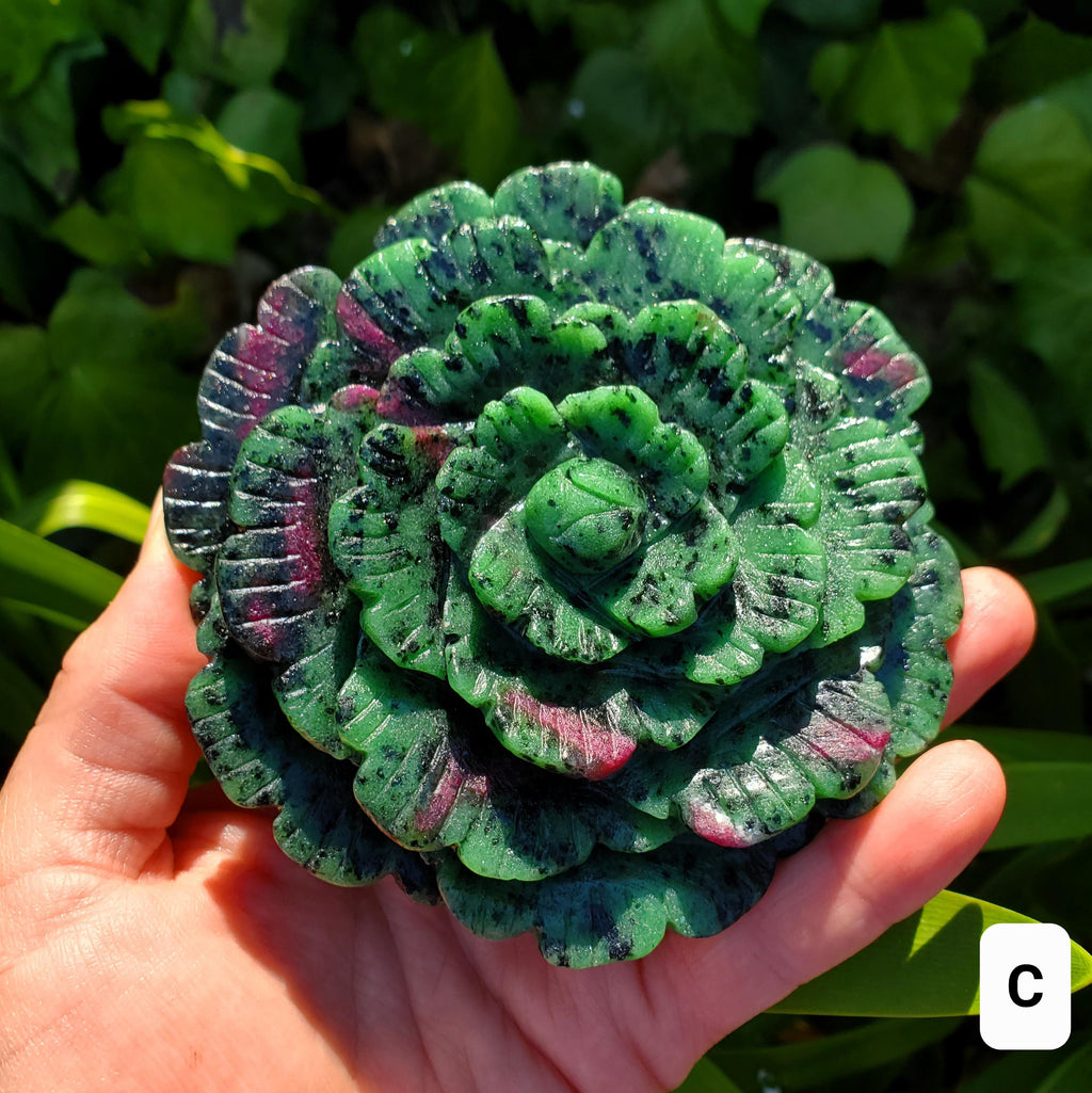 Big Ruby Zoisite Flower with UV reactive Ruby - Courage, Strength, Connects Our Hearts and Brain - Ruby Rose Carving Healing Gemstones