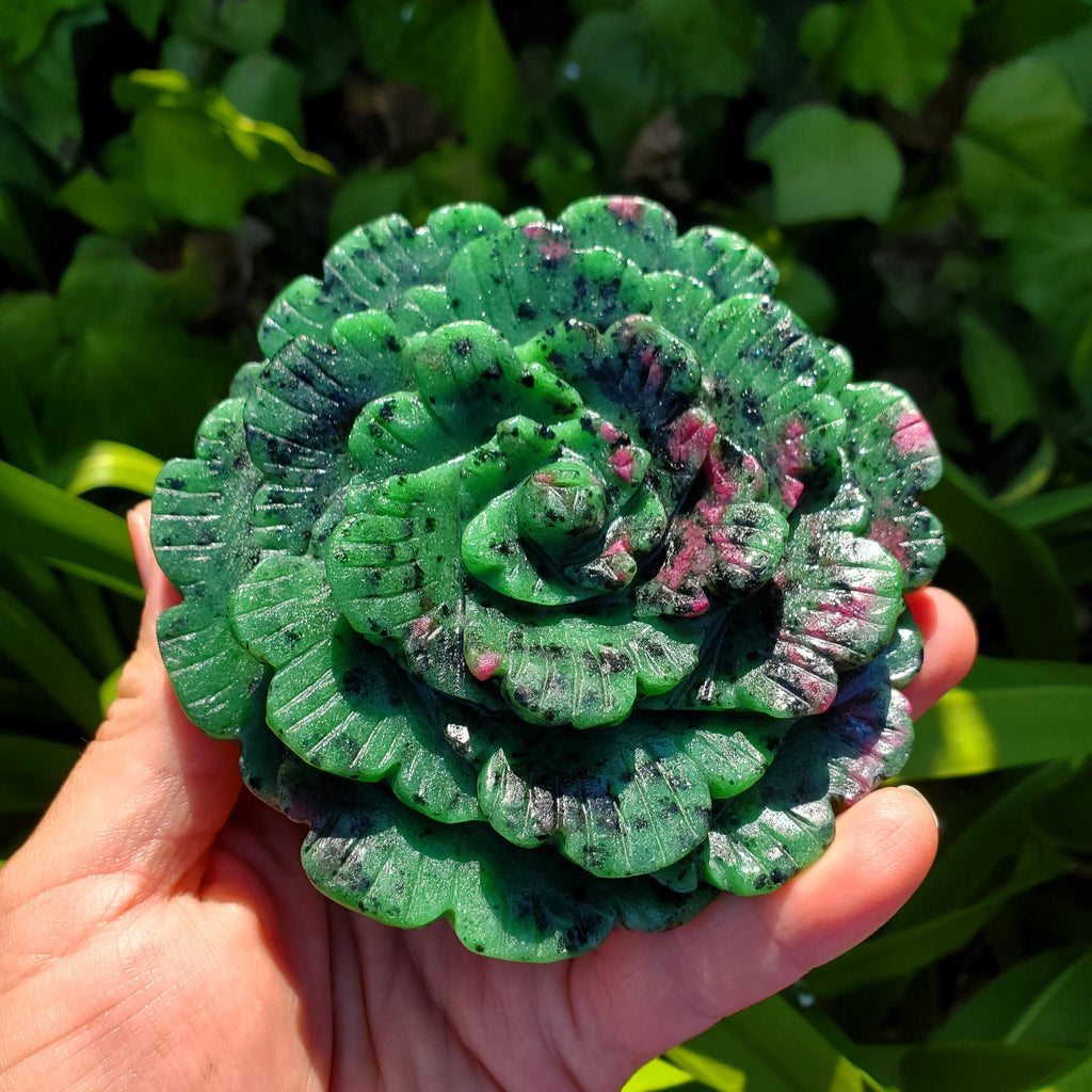 Big Ruby Zoisite Flower with UV reactive Ruby - Courage, Strength, Connects Our Hearts and Brain - Ruby Rose Carving Healing Gemstones