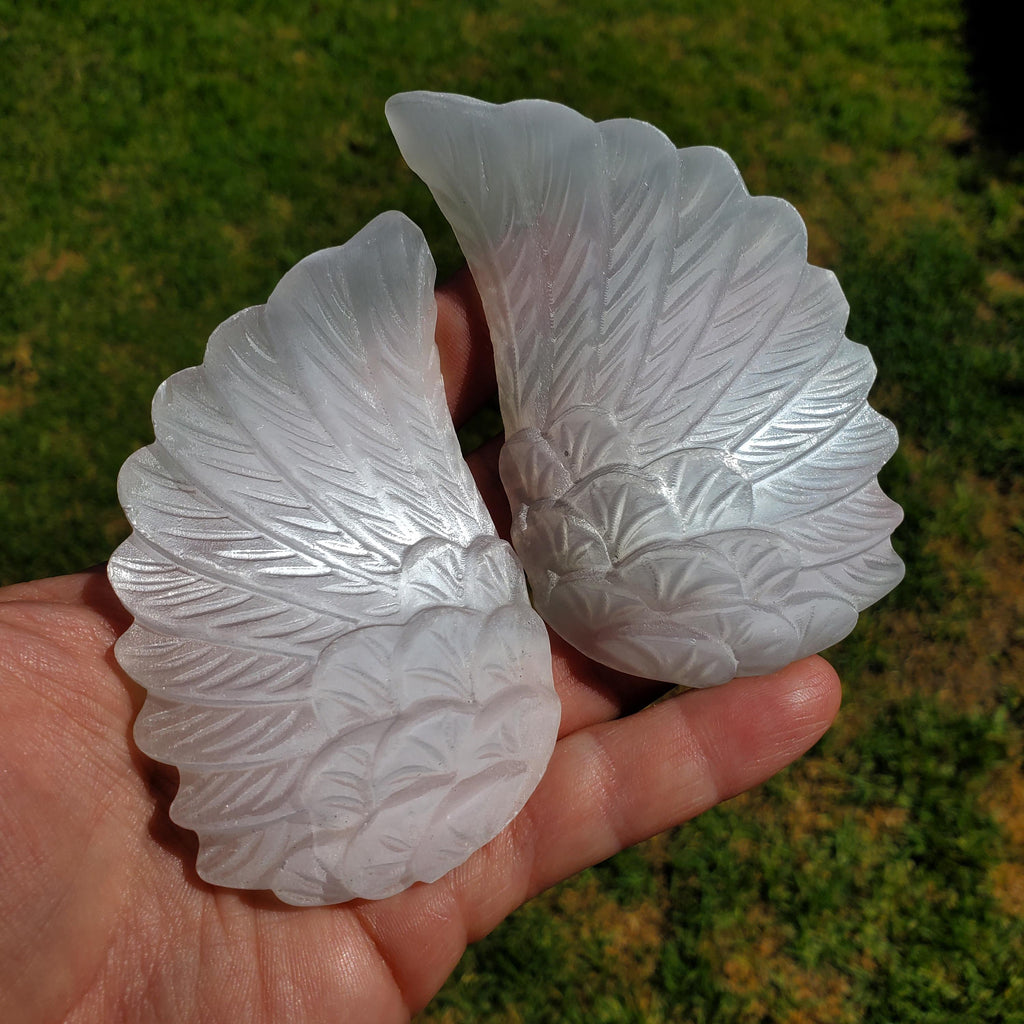 Selenite Angel Wings on Stand - Tranquility, Blessings, Love & Light - Satin Spar Selenite Wings Healing Stone Crystals