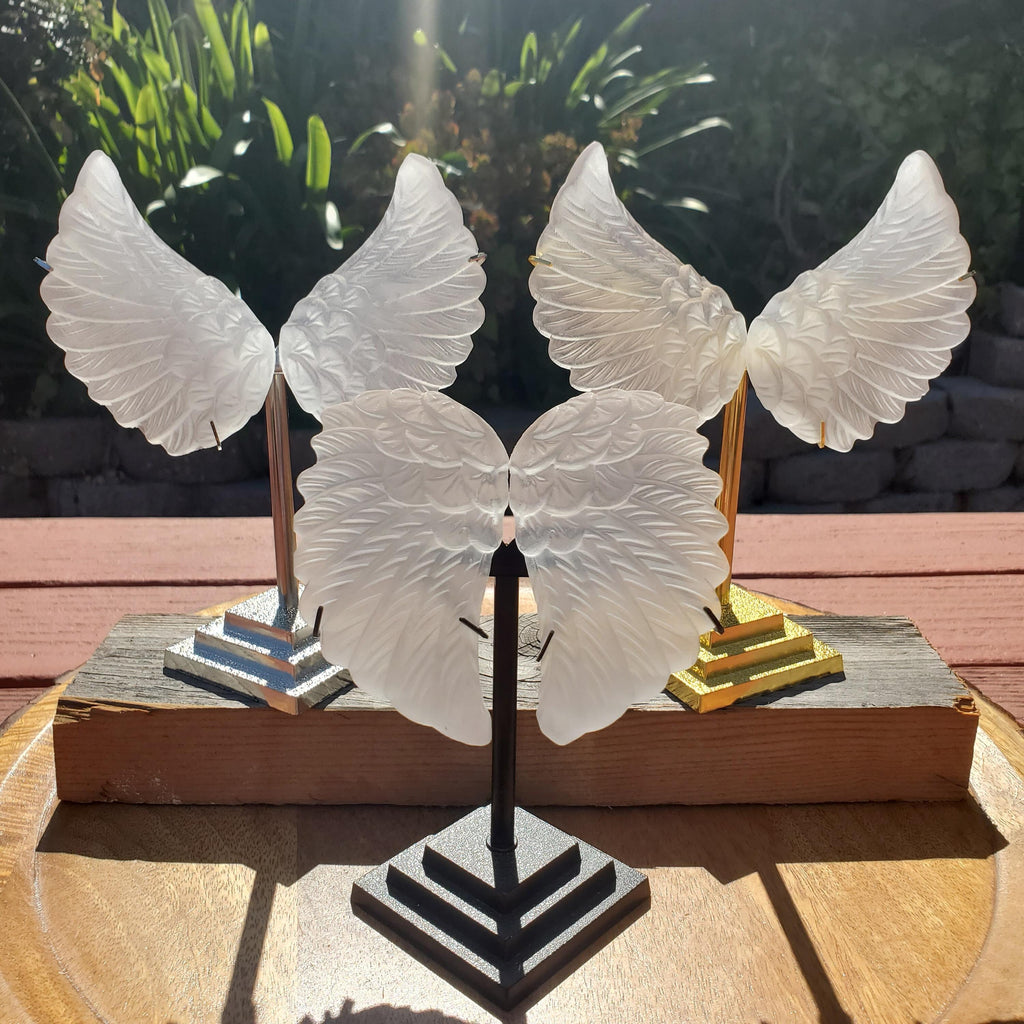 Selenite Angel Wings on Stand - Tranquility, Blessings, Love & Light - Satin Spar Selenite Wings Healing Stone Crystals