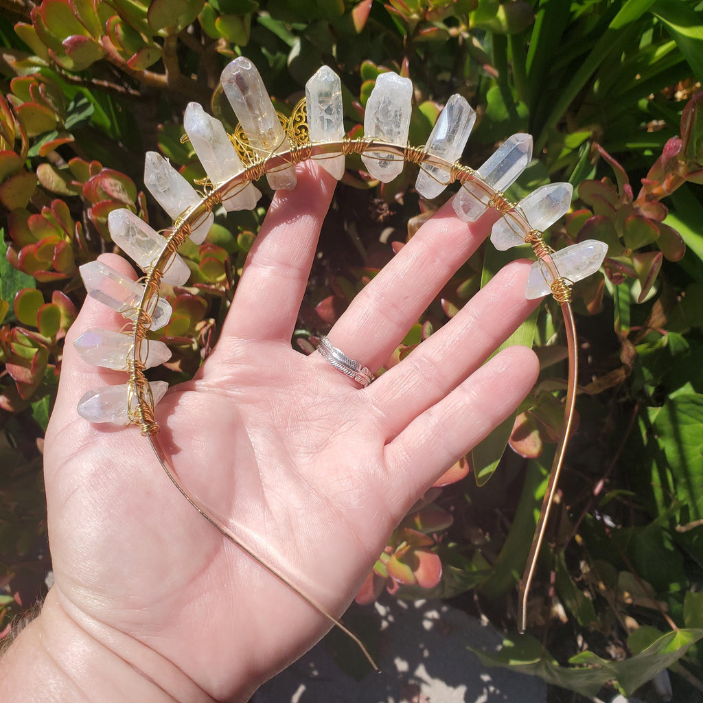 Aura Quartz Crown with Gold Moon Phase - Counteracts Negative, Energizes Positive Energy - Quartz Goddess Crown