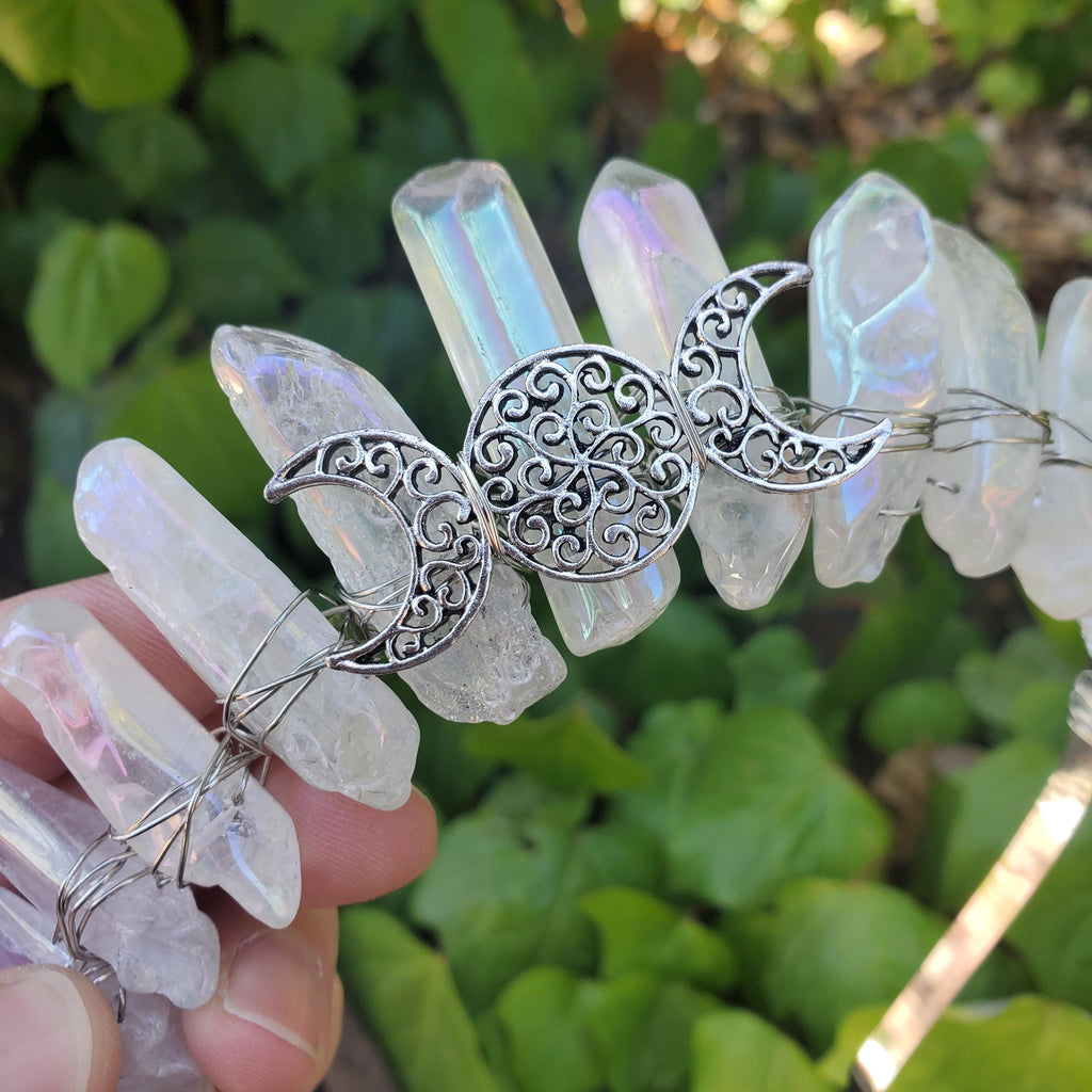 Aura Quartz Crown with Silver Moon Phase - Magnifies Your Intention, Counteracts Negative, Energizes Positive Energy - Quartz Goddess Crown