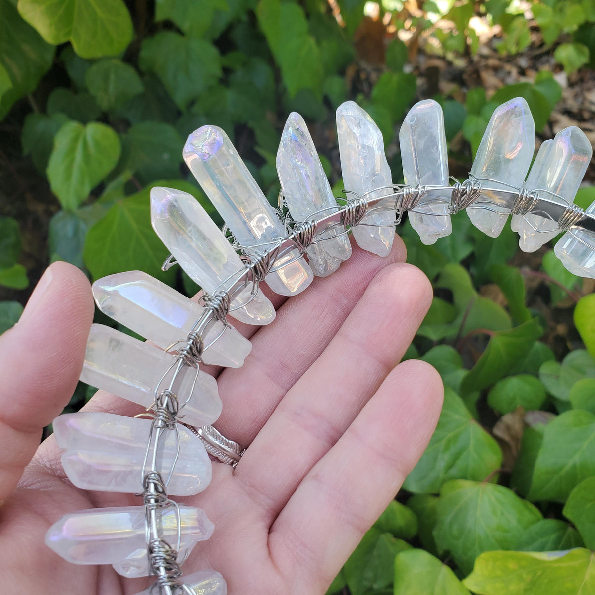 Aura Quartz Crown with Silver Moon Phase - Magnifies Your Intention, Counteracts Negative, Energizes Positive Energy - Quartz Goddess Crown