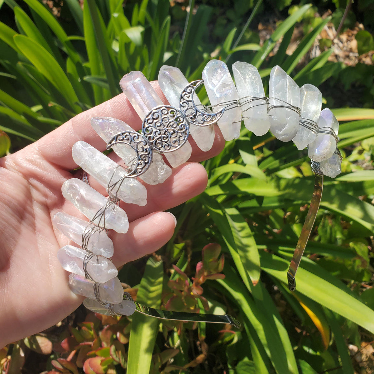 Aura Quartz Crown with Silver Moon Phase - Magnifies Your Intention, Counteracts Negative, Energizes Positive Energy - Quartz Goddess Crown
