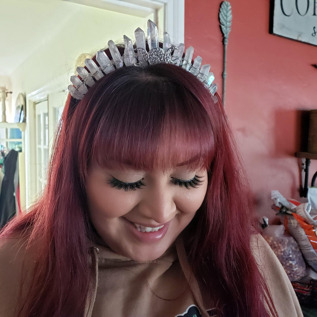 Aura Quartz Crown with Silver Moon Phase - Magnifies Your Intention, Counteracts Negative, Energizes Positive Energy - Quartz Goddess Crown