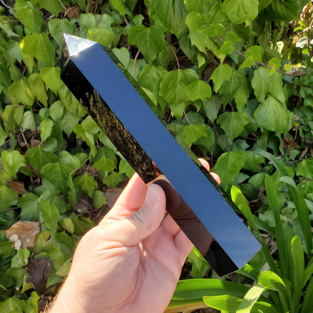 8" Big Obsidian Tower with Silver Moon Phase - Self Reflection, Release Negative Energies - Obsidian Black Statement Healing Gemstones