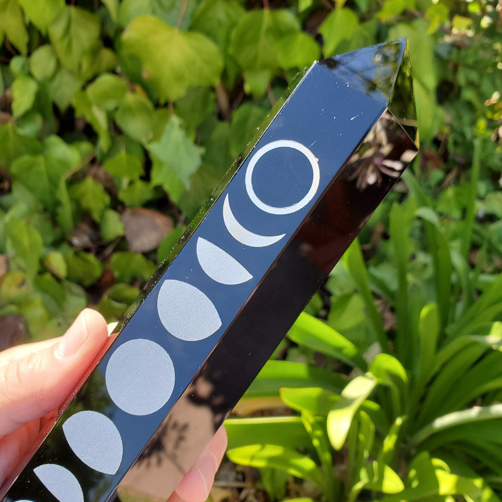 8" Big Obsidian Tower with Silver Moon Phase - Self Reflection, Release Negative Energies - Obsidian Black Statement Healing Gemstones