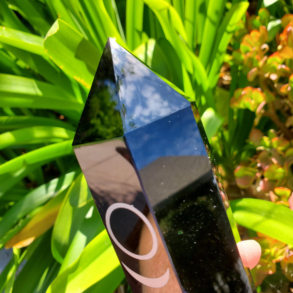 8" Big Obsidian Tower with Silver Moon Phase - Self Reflection, Release Negative Energies - Obsidian Black Statement Healing Gemstones