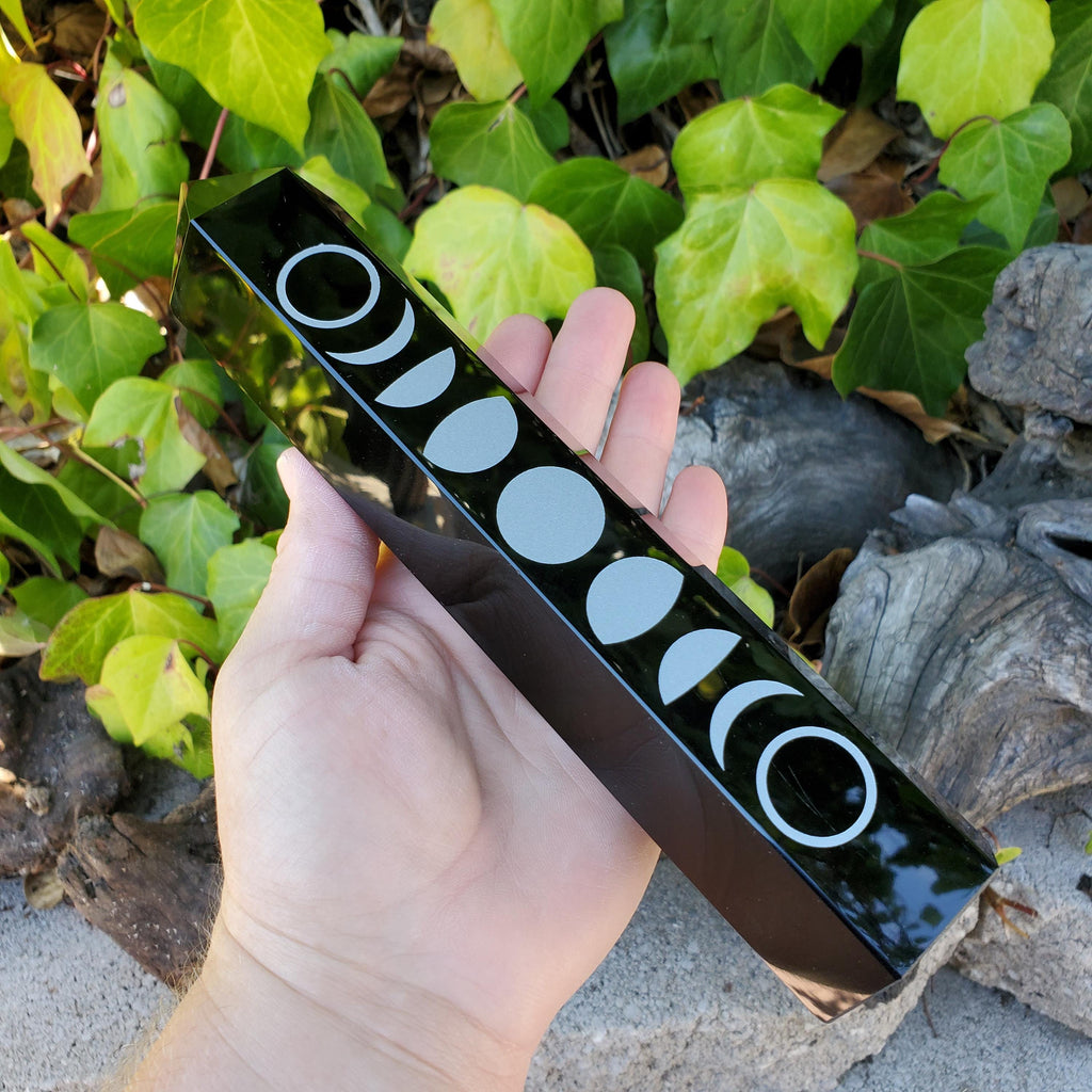 8" Big Obsidian Tower with Silver Moon Phase - Self Reflection, Release Negative Energies - Obsidian Black Statement Healing Gemstones