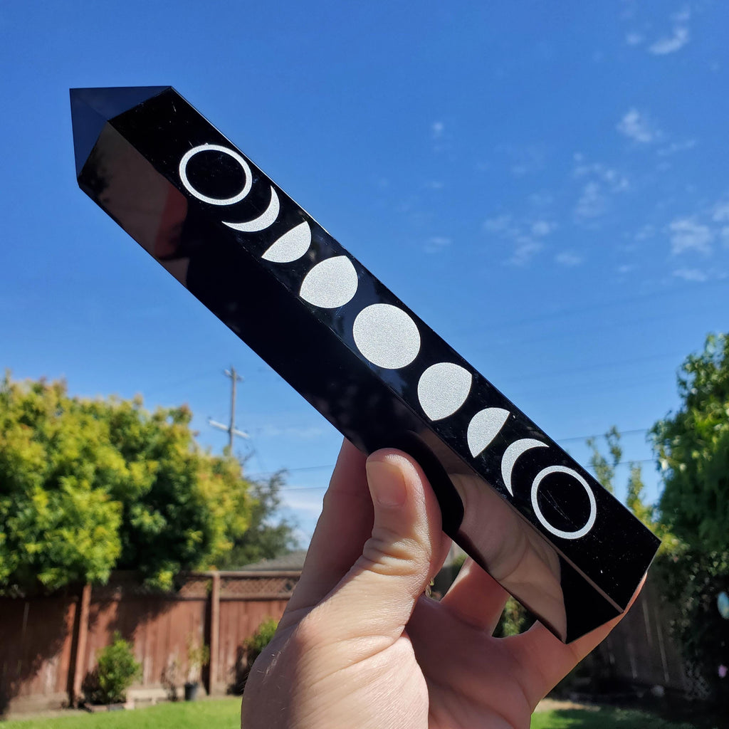 8" Big Obsidian Tower with Silver Moon Phase - Self Reflection, Release Negative Energies - Obsidian Black Statement Healing Gemstones