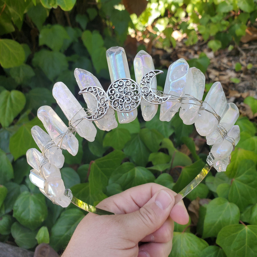 Aura Quartz Crown with Silver Moon Phase - Magnifies Your Intention, Counteracts Negative, Energizes Positive Energy - Quartz Goddess Crown