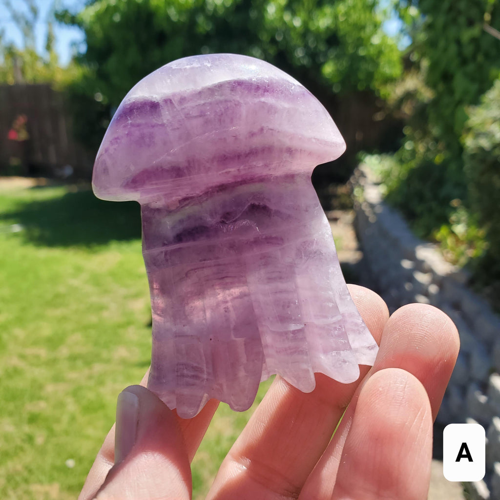 Banded Purple Fluorite Jellyfish - Stability, Concentration, Energetic Protection - Crystal Jellyfish Carving Healing Crystal Gemstone