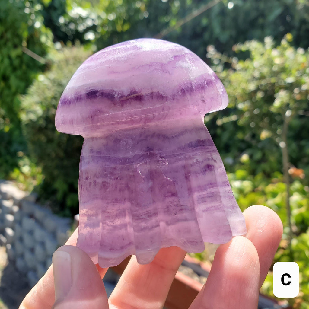 Banded Purple Fluorite Jellyfish - Stability, Concentration, Energetic Protection - Crystal Jellyfish Carving Healing Crystal Gemstone