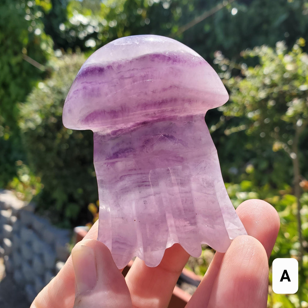 Banded Purple Fluorite Jellyfish - Stability, Concentration, Energetic Protection - Crystal Jellyfish Carving Healing Crystal Gemstone