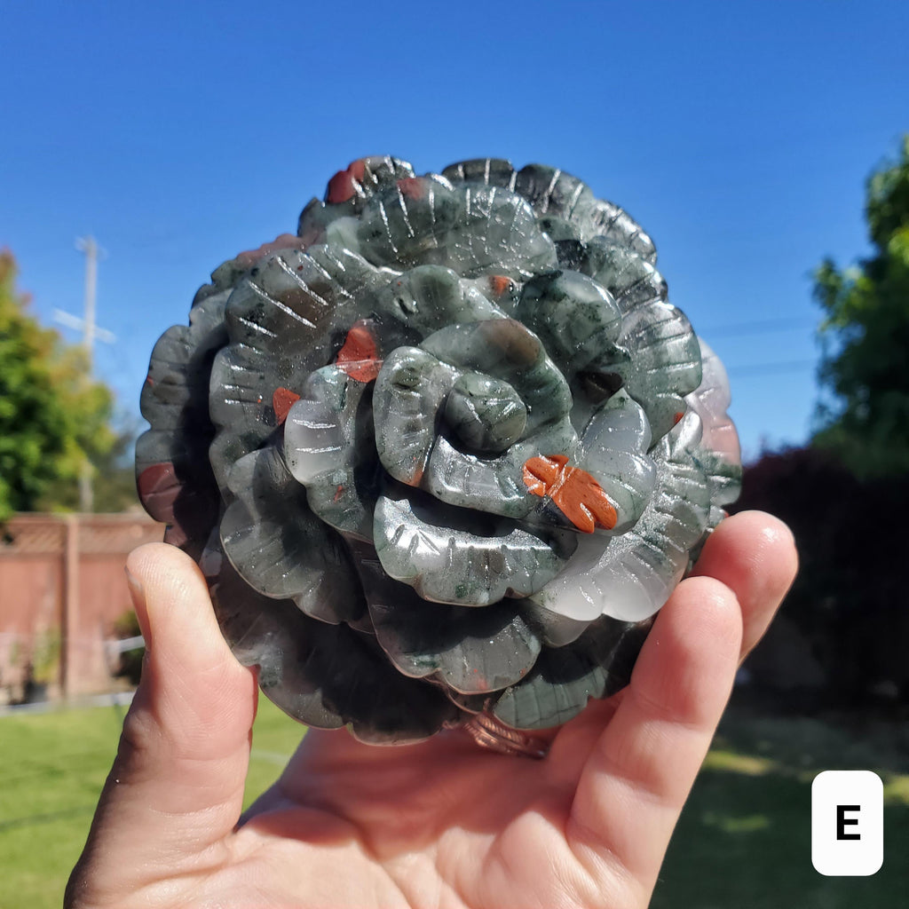 Big African Bloodstone Rose - Calming, Grounding, Persistence, Courage - Black and Red Crystal Flower Carving Statement or Paperweight