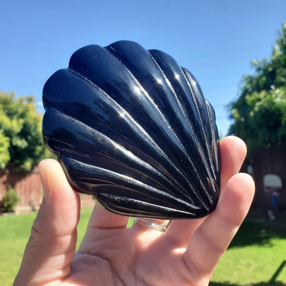 Obsidian Shell Mirror - Self Reflection, Release Negative Energies - Black Mirror Carving Crystal Decor for Makeup Vanity or Bathroom