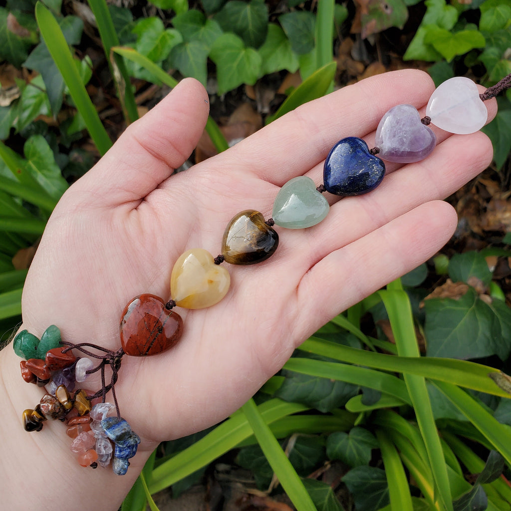 Crystal Hearts Car Charm 10" - Grounding, Manifestation, Self Reflection, Prosperity, Wisdom, Strength, Awareness - Chakra Hanging Charm