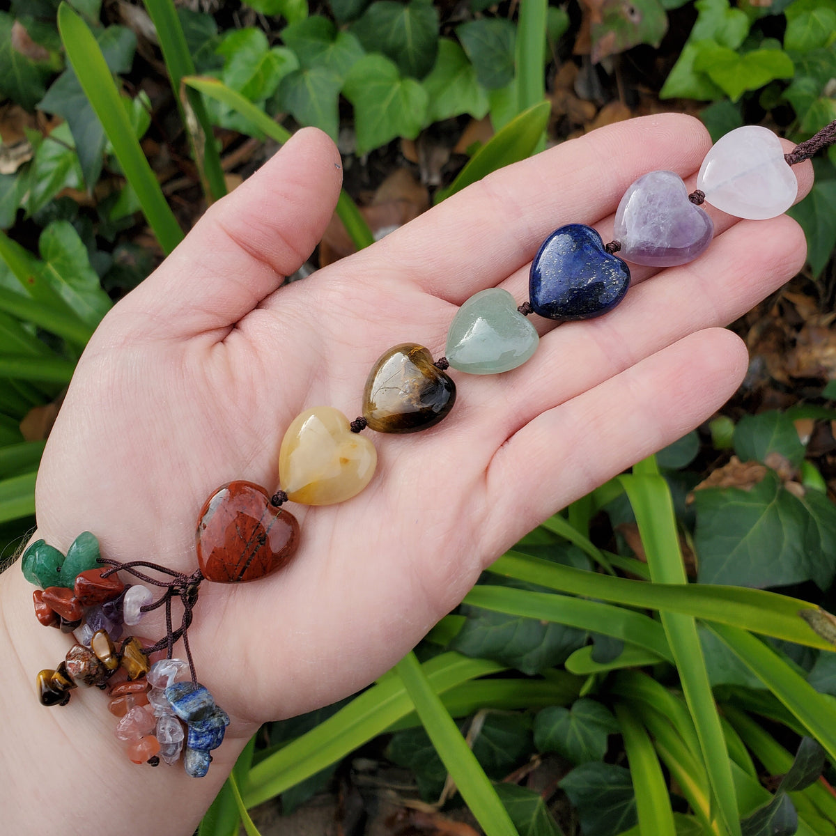 Crystal Hearts Car Charm 10" - Grounding, Manifestation, Self Reflection, Prosperity, Wisdom, Strength, Awareness - Chakra Hanging Charm