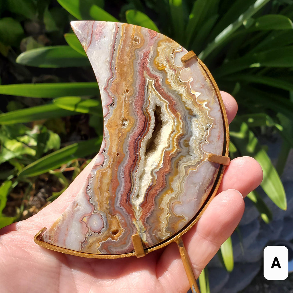 Pink Lace Agate Moon on Stand - Balance of the Physical, Mental & Emotional - Pink Moon Crystal Carving Healing Gemstone