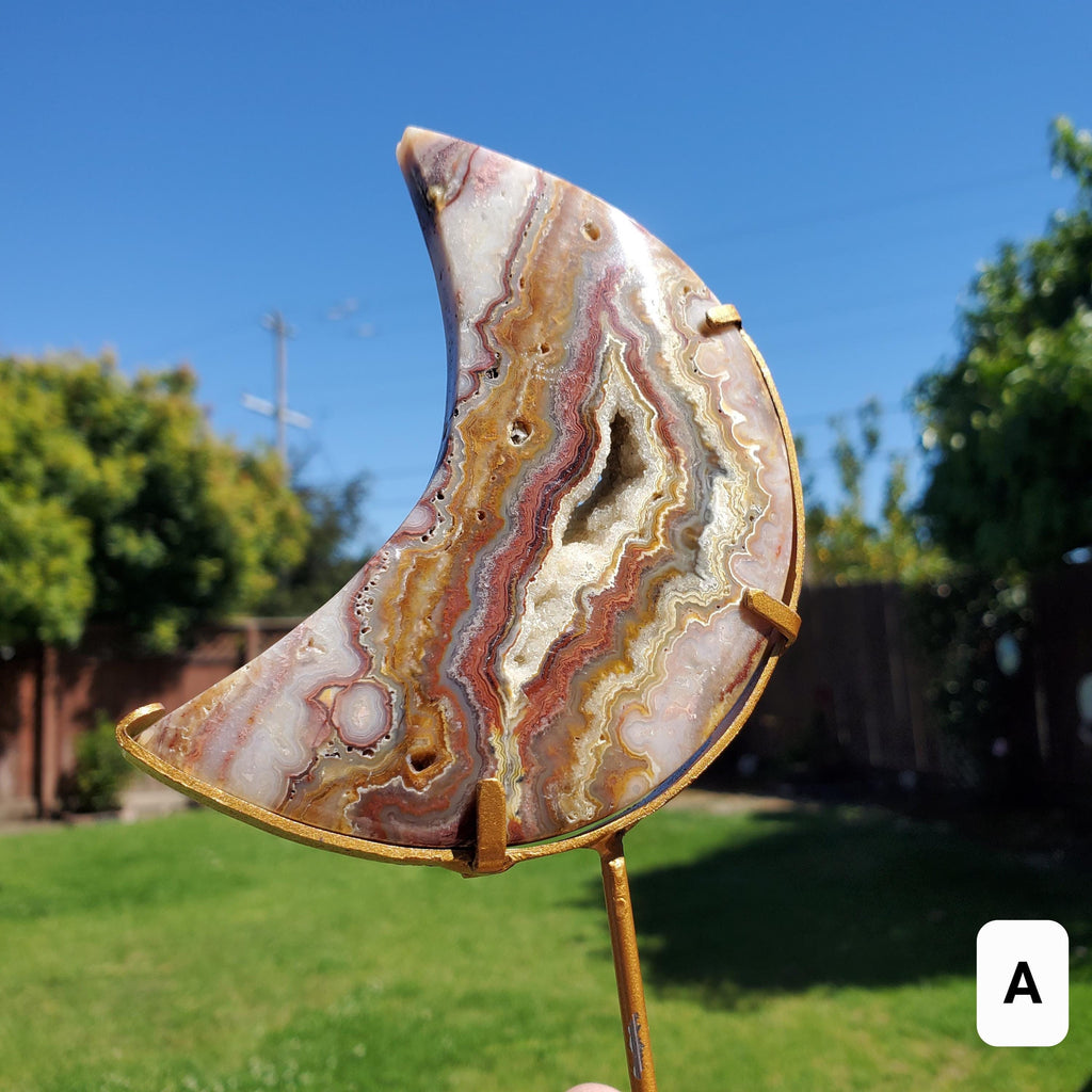Pink Lace Agate Moon on Stand - Balance of the Physical, Mental & Emotional - Pink Moon Crystal Carving Healing Gemstone