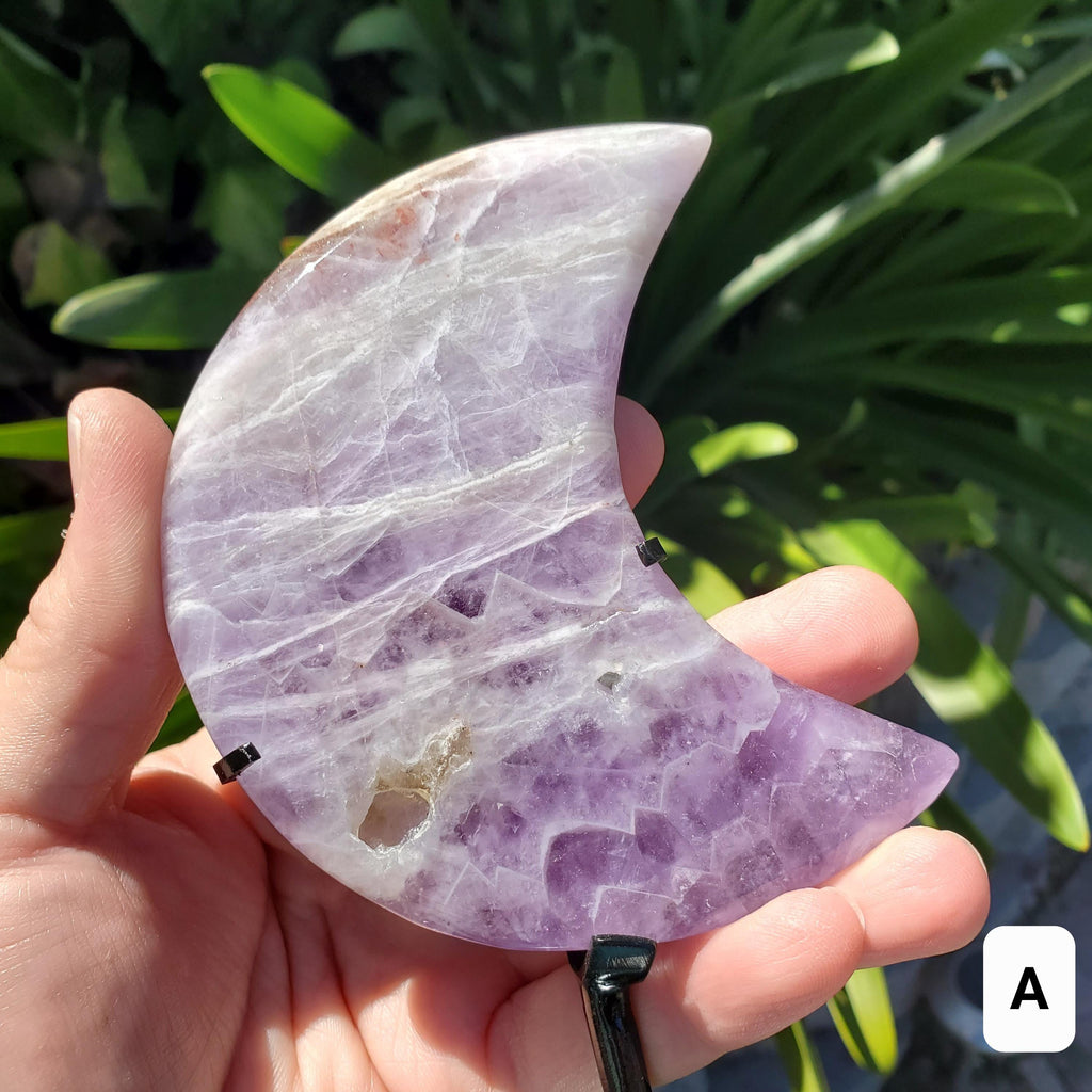 Light Dream Amethyst Moon on Stand - Calming, Energetic Protection, Positivity, Divine Love - Purple Amethyst Moon Crystal Gemstone